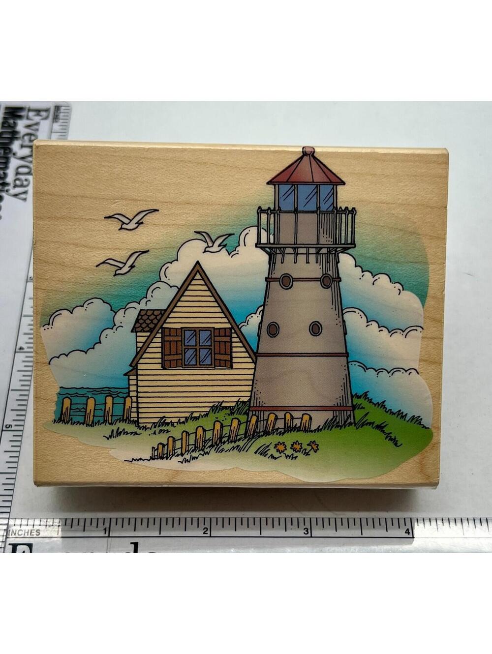 Hero Arts Lighthouse Coastal Scene Rubber Stamp Beach Ocean Wood Mounted Vintage